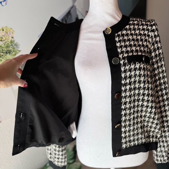 Ann Taylor Houndstooth Jacket Medium Petite Black White & Gold Metallic Shimmer! - Picture 6 of 9
